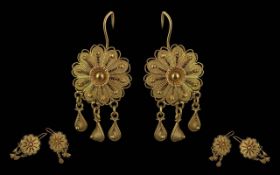 Ladies Superb 18ct Gold Ornate Pair Of Drop Earrings - Marked 18ct. Exquisite Design Warm Coloured