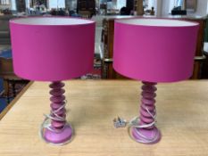 Pair of Pink Table Lamps, twist stem design, matching pink shades.