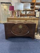 Large Carved Wooden Chest, decorated with Oriental figures.