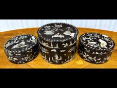 Set of Three Antique Chinese Round Lidded Lacquered Boxes, inlaid with mother-of-pearl,