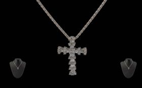 18ct White Gold Ornate Diamond Set Cross - Attached To An 18ct White Gold Chain. Marked For 18ct.