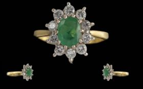 Ladies Pleasing Quality 18ct Gold Emerald and Diamond Set Cluster Ring.