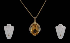 Ladies Superb Quality 18ct Gold Large Citrine & Diamond Set Pendant - Attached To An 18ct Gold Long