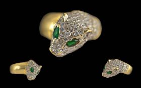 Ladies Superb 18ct Gold Leopards Head Ring, set with diamonds and emeralds to leopard's head.