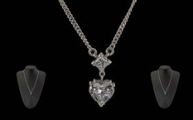 Ladies - Superb Quality 18ct White Gold Diamond Set Pendant / Chain. The Fully Faceted Heart