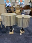 Pair of Matching Modern Table Lamps, silver and marble effect stepped base,