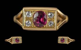 Ladies Excellent 18ct Gold Ruby & Diamond Set Ring - Marked 18ct. Excellent Coloured Ruby With 4 Old
