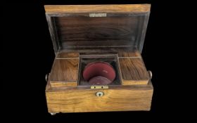 Wooden Tea Chest, with two lidded tea compartments and a central compartment missing liner. Measures