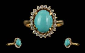 Ladies Pleasing Quality 18ct Gold Turquoise Stone & Diamond Set Ring. Marked 18ct - 750 to shank.