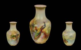 Royal Worcester Small Hand Painted / Signed Vase ' Peacock In a Woodland Setting ' Blue Skies,