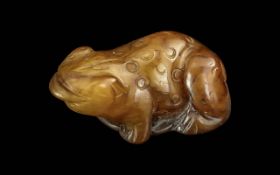 Antique Red Brown Jade Diminutive Frog Figure. Length 45 mm.