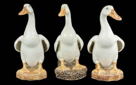 Chinese Export Late 19th Century White Glazed Porcelain Trio of Large Geese Hand Painted Figure /