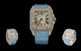 Cartier - Ladies Santos 100 Signed Stainless Steel Diamond Set Automatic XL Wrist Watch. c.