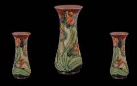 Moorcroft Hand Painted Vase of Wasted Form ' Red Tulip ' Design. Designer Sally Tuffin.