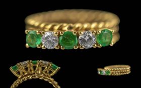 Ladies Excellent Quality 18ct Gold Emerald & Diamond Set Ring - With Triple Rope Twist Shank.