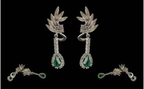 **WITHDRAWN** Ladies Fine Quality Platinum Diamond and Emerald Set Drop Earrings.