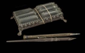 Vintage Sterling Silver & Cut Glass Inkwell with a Dip Pen,