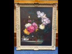 Keith Cresswell Oil on Canvas, flowers on ledge, moulded gilt swept frame,