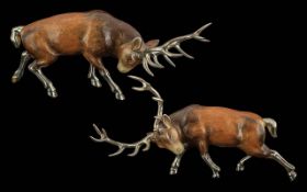 Pair of Saturno Sterling Silver & Enamel Deer Figures, In a Fighting Position,
