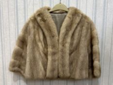 Ladies Short Beige Mink Cocktail Jacket, three-quarter sleeves, hook and eye fastening,