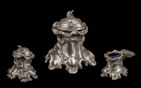 Antique Sterling Silver Inkwell with Blue Glass Liner. Fully Hallmarked for Silver.