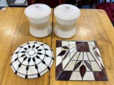 Four Glass Shades, including two Tiffany style shades with chains,