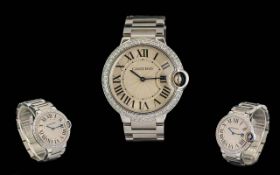 Cartier - Ladies Steel Ballon Bleu 33 mm Diamond Set Bezel Watch.