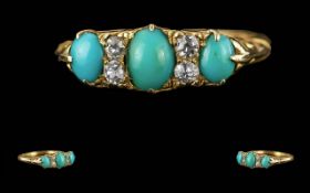 Victorian Period 1837 - 1901 Ladies 18ct Gold Turquoise and Diamond Set Ring, Raised Ornate Setting,