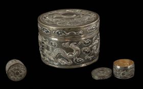 Chinese Export Silver Box, Of Cylindrical Form, Depicting Dragons, Makers Mark To Base, Height 55mm,