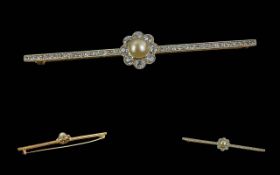 Antique Period Quality Ladies 18ct Gold and Platinum Diamond and Pearl Set Long Brooch.