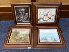 Four Framed Modern Oil on Canvas Paintings, comprising a continental street scene at night,