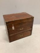 A 19th century brass mounted teak trunk with dummy drawer front, width 60cm, depth 41cm, height