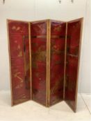 An early 20th century chinoiserie painted leather four fold screen, each panel width 46cm, height