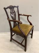 Four Chippendale style mahogany dining chairs, with pierced, interlaced splats above old gold velour