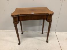 A George II style mahogany folding card table, width 75cm, depth 38cm, height 76cm. Condition - fair