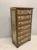 A Venetian style cream and gilt painted tall chest of seven drawers, width 74cm, depth 37cm,