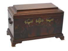 A mid 18th century mahogany strong box with painted decorated and inscription 'Success to the