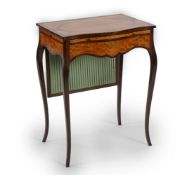 A George III rosewood banded satinwood work table with rising silk pleated screen, fitted side