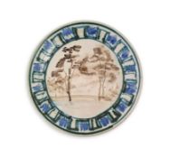 Quentin Bell (1910-1996), a pottery circular landscape dish, 1990s, painted in black with trees,