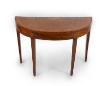 A George III paterae inlaid demi-lune card table, the starburst inlaid top with rosewood and