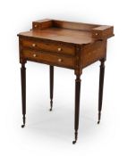 A George III Sheraton period satinwood writing table, the back with twin rising silk lined screens