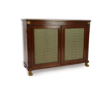 A Regency ormolu mounted rosewood and mahogany side cabinet with brass front top and two silk