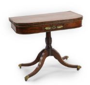 A Regency brass strung mahogany card table with D shaped folding top and ormolu oak leaf and bead