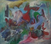Roger Brace, oil on canvas, Abstract composition, unsigned, inscribed verso, 107 x 120cm.