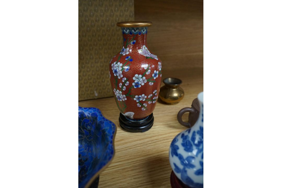 A collection of Chinese collectibles including cloisonné, yixing, etc. vases 18cm high. - Image 3 of 11
