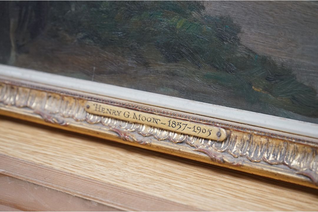Henry G. Moon (1857-1905), oil on canvas, signed verso, inscribed plaque, 24 x 34cm, gilt - Image 2 of 3