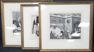 Ernest Boye Uden (1911-1986), three grisaille gouaches, Winter street scenes and interior scene,