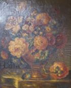 20th century School, oil on canvas, Still life of flowers in a vase, indistinctly signed and dated