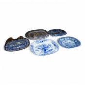 Six 19th century blue and white stoneware meat dishes to include Roger’s Staffordshire zebra
