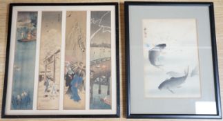 Two Japanese woodblock prints, to include Ito Sozan (1884-1926), Two carp in a river, and one other,
